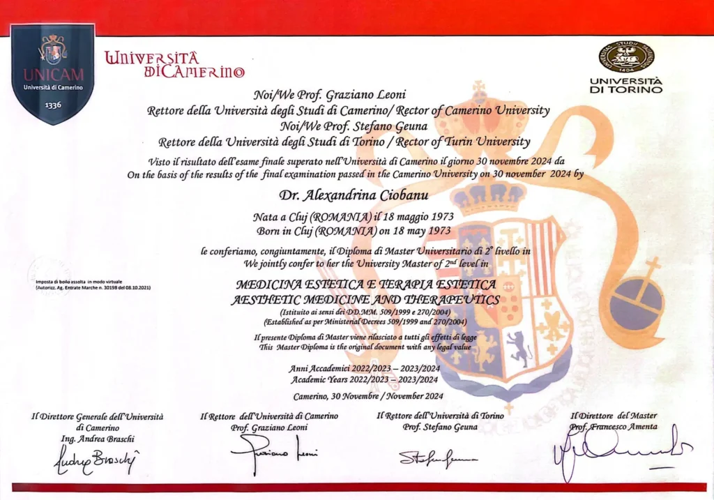Diploma Alexandrina Ciobanu - Universita di Torino UNICAM - Medicina Estetica e Terapia Estetica